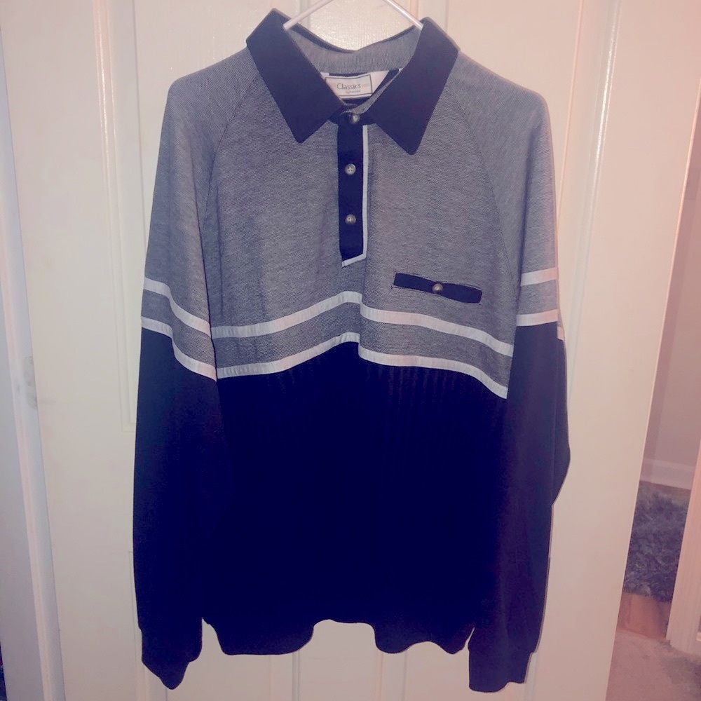 Men’s long sleeve collared shirt.